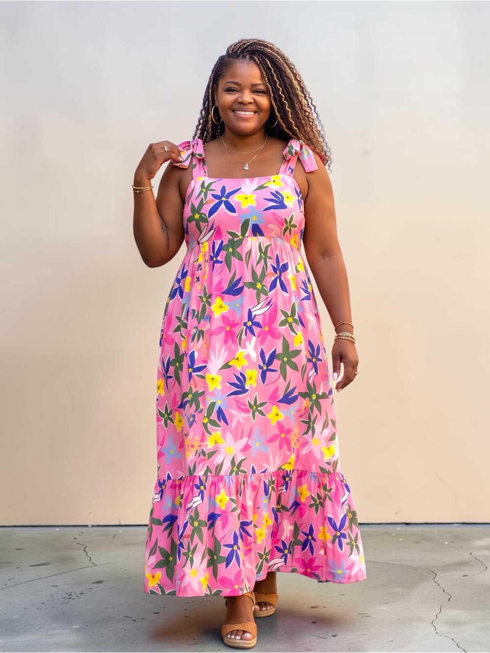 Pink Plus Size Floral Print Babydoll Maxi Dress